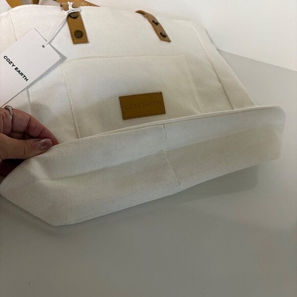 Cozy Earth Natural Canvas Tote Bag Faux Leather Handles Zipper Closure NEW - Picture 5 of 7